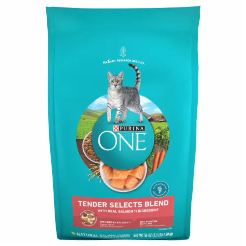 Bag of Purina ONE Tender Selects Blend cat food for indoor cats with salmon. Bag of Purina ONE Tender Selects Blend cat food for indoor cats with salmon.
