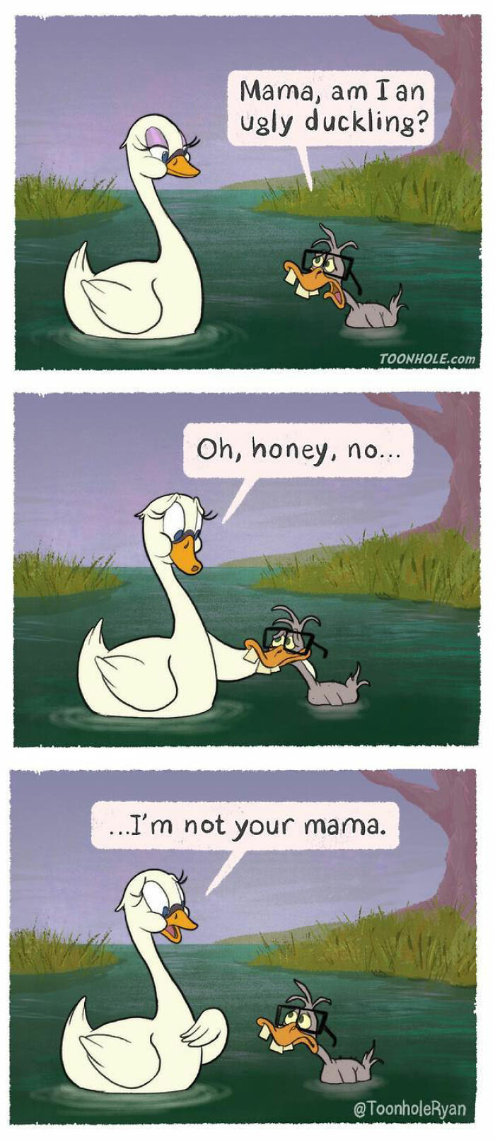 Dark comic by Toonhole Ryan showing a duckling with glasses asking a swan about being an ugly duckling.