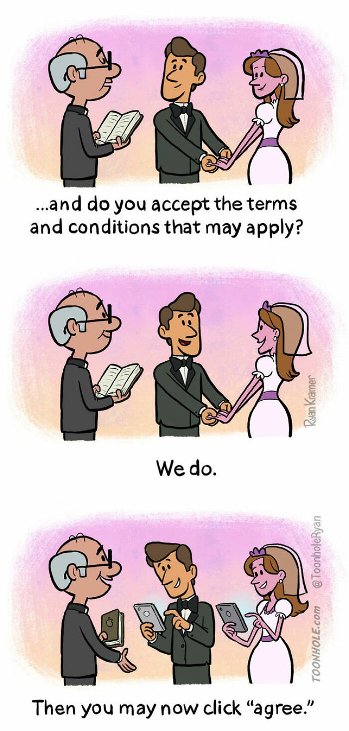 Wedding ceremony comic with dark twist showing couple accepting terms and conditions and clicking agree on tablets.