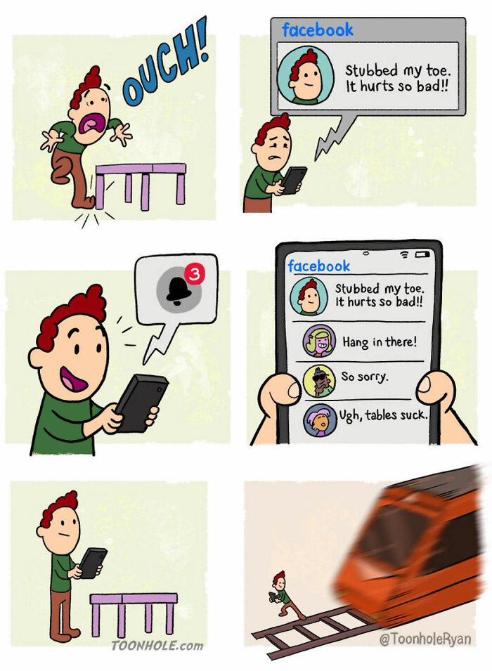 Comic about dark twists showing a man posting about pain on Facebook, then running onto train tracks in a Toonhole Ryan comic.