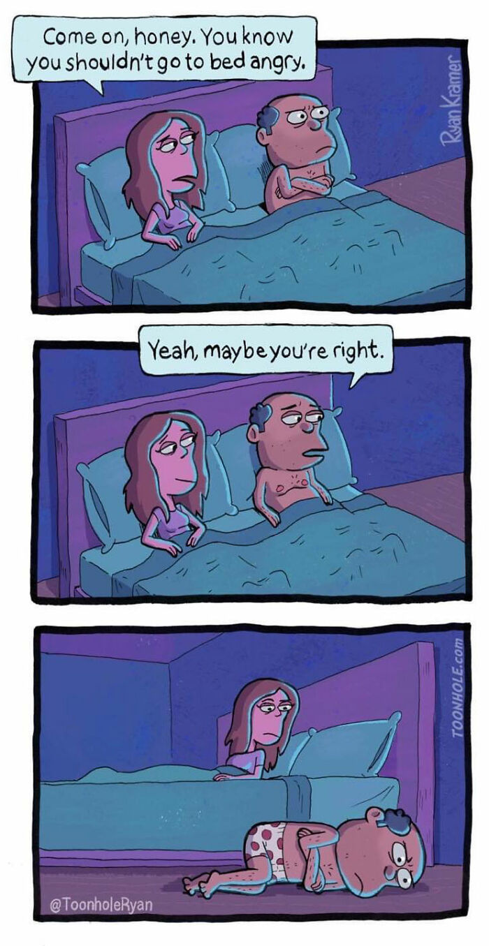 Comic by Toonhole Ryan shows a couple in bed with an unexpected twist and dark humor in a funny comic strip.