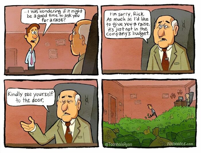 Funny and dark comic by Toonhole Ryan showing a man asking for a raise with an unexpected twist ending.