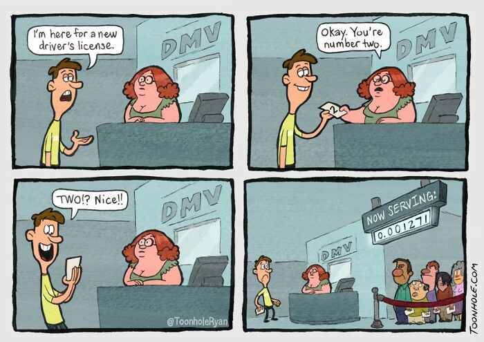 Funny and dark comic by Toonhole Ryan showing a man at the DMV with an unexpected twist on waiting numbers.