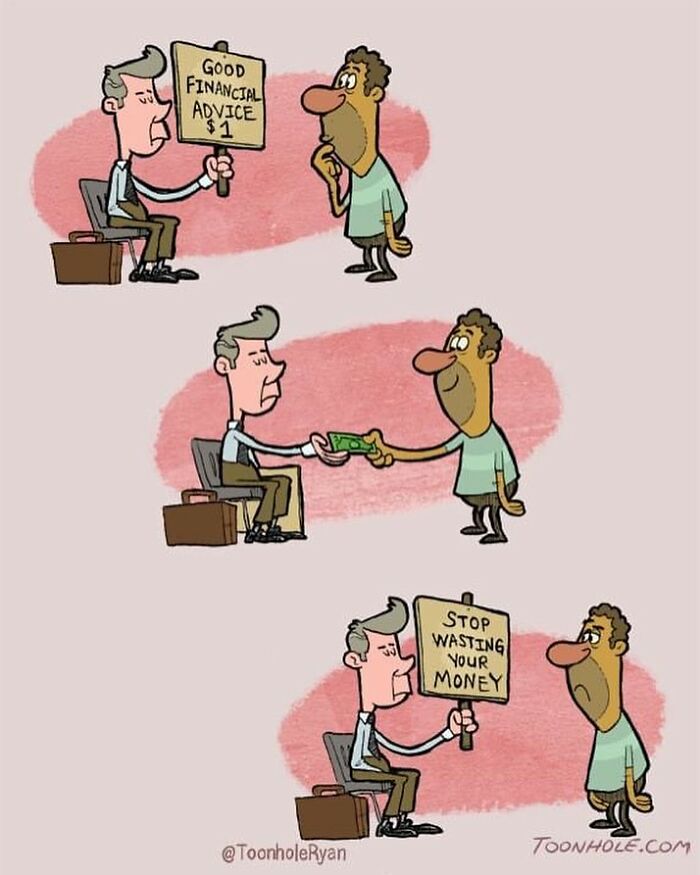 Man selling funny comic about financial advice with unexpected twists, cartoon by Toonhole Ryan.