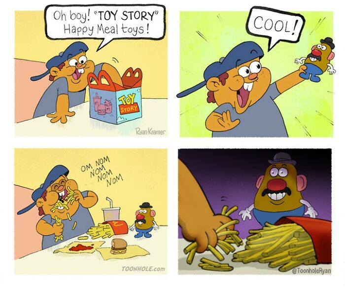 Comic strip from Toonhole Ryan showing a boy excited for toys with a surprising dark twist involving French fries.