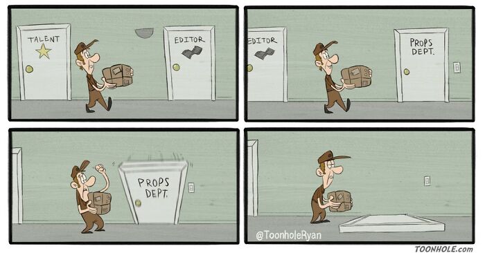 Cartoon delivery man approaching the props department door, part of funny and dark comics with unexpected twists.