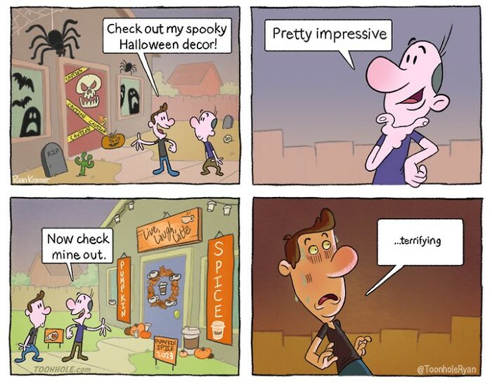 Halloween decor and pumpkin spice humor in funny and sometimes dark comics with unexpected twists by Toonhole Ryan.
