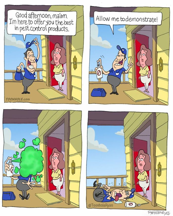 Pest control salesman sprays himself with toxic spray, woman watches in surprise in dark humor comic by Toonhole Ryan.