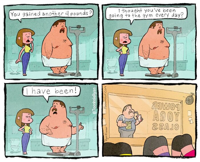 Man in towel discussing weight gain with woman in a funny comic twist about going to the gym and yoga class window.