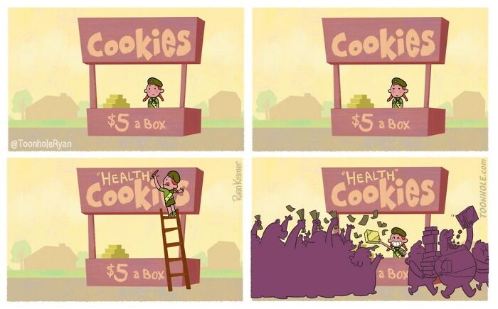 Comic strip of a cookie stand transforming into a health cookie stall with a dark twist, from funny and dark comics by Toonhole Ryan.