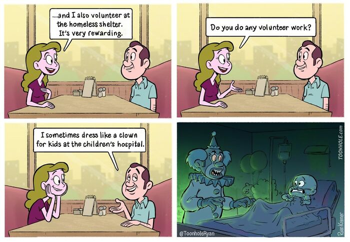Couple discussing volunteer work with a dark twist showing a scary clown in a hospital, comic by Toonhole Ryan.