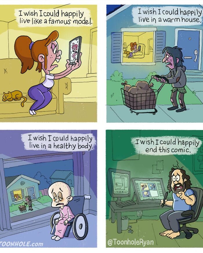 Dark and funny comic panels by Toonhole Ryan showing characters with unexpected twists on wishes and life struggles.