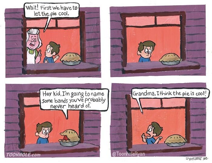 Comic strip by Toonhole Ryan showing a boy and grandma with a pie in a funny and dark twist comic style.