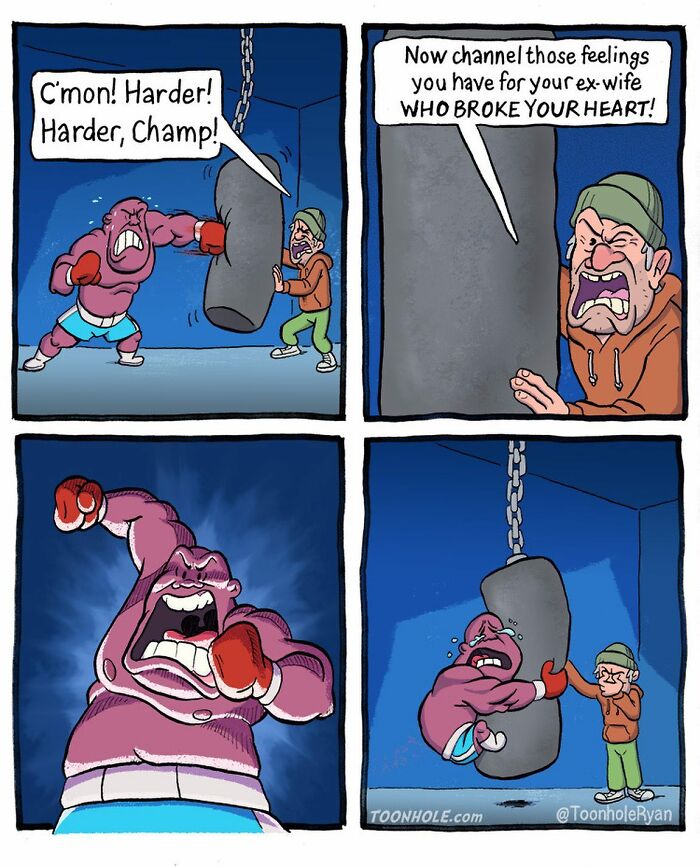 Funny and dark comic panels by Toonhole Ryan showing a boxer punching a bag with unexpected emotional twist.