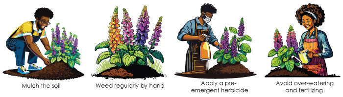 Illustrations of how to prevent salvias from weeds