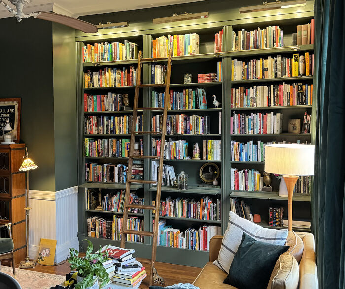 Added Built-In Bookshelves And A Rolling Ladder To My Wife's Home Office So She Can Pretend To Be Belle During Breaks