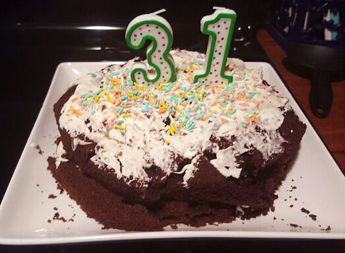 I Had Never Baked Before Today, But My Wife Said That She Hasn't Had A Birthday Cake Since She Was A Kid, So I Wanted To Surprise Her. It's Pretty Awful, But She Loved It