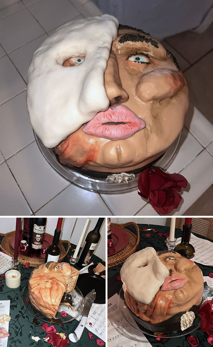 My Horrifying First Attempt At Using Fondant For A "Phantom Of The Opera" Birthday Cake. It Was A Big Hit