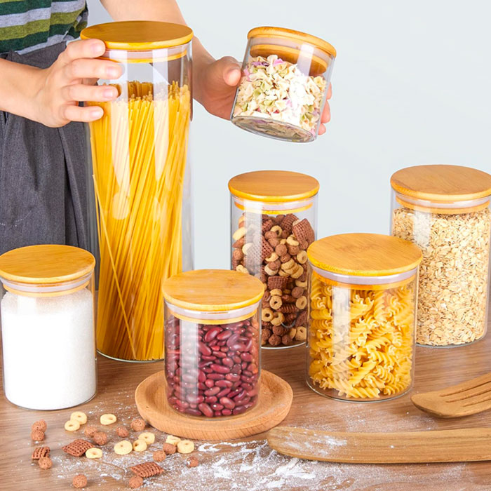 Organize Your Kitchen With Vtopmart Glass Food Storage Jars: 7-Pack Containers With Airtight Bamboo Wooden Lids, Perfect For Storing Pasta, Cookies, Nuts, Coffee Beans, And Cereal
