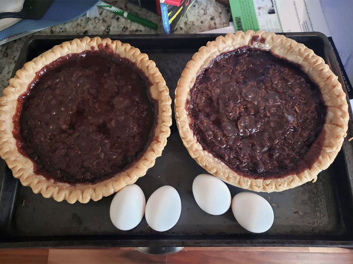 See Those Eggs? They Are Supposed To Be In The Pies. I Made Two Hot Oily Chocolate Garbage Circles