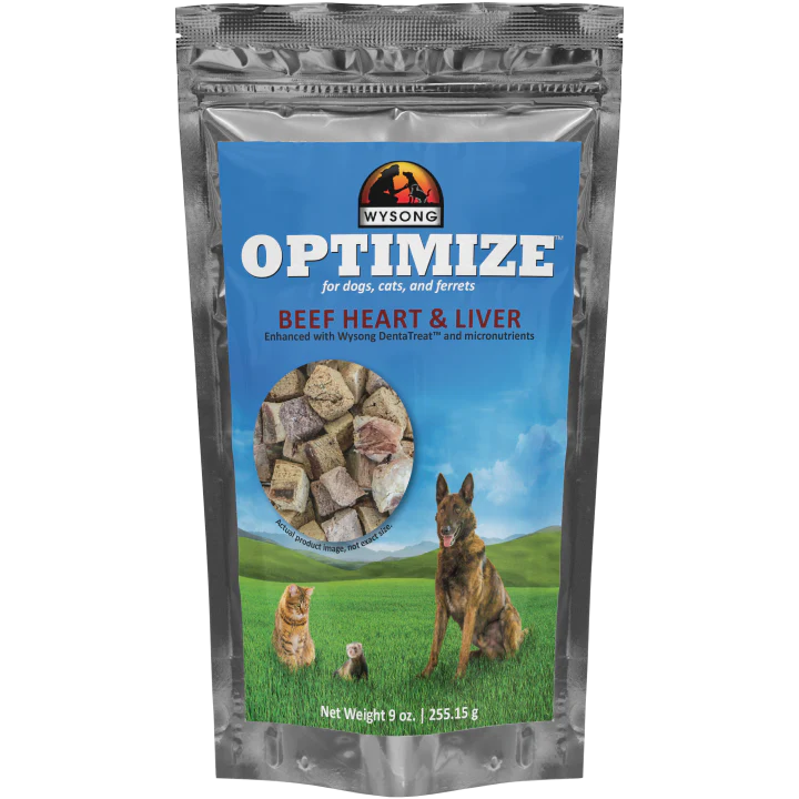 Wysong Optimize cat food with beef heart and liver, ideal for indoor cats, in a resealable bag. Wysong Optimize cat food with beef heart and liver, ideal for indoor cats, in a resealable bag.