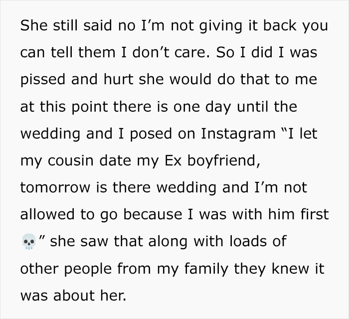 Woman Offended She Was Uninvited From Her Cousin’s Wedding With Her Ex, Tells Everyone About It Woman Offended She Was Uninvited From Her Cousin’s Wedding With Her Ex, Tells Everyone About It