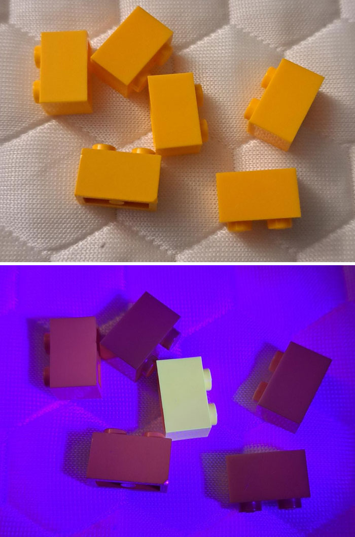 Estos bloques de lego son del mismo color... pero no bajo luz negra