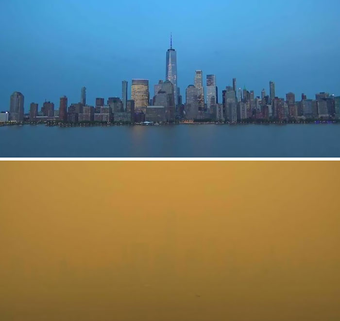 NYC Skyline Before And After Canadian Wildfire Smoke (The After Photo Was Taken at 3 PM)