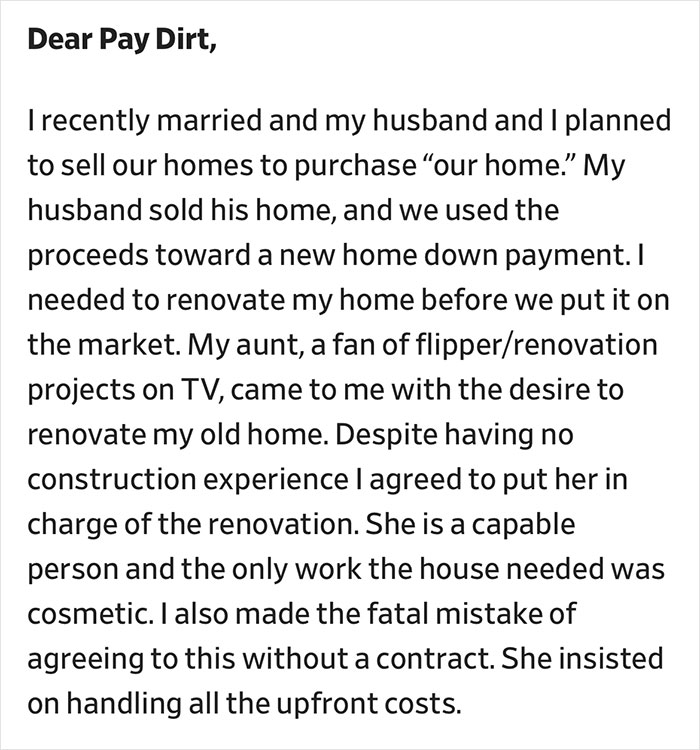 Person Asks For Help After Aunt Hands Them $70K Bill For House Flip No One Asked For