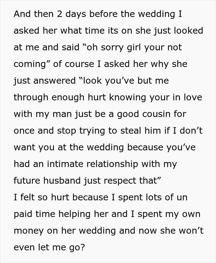 Woman Offended She Was Uninvited From Her Cousin’s Wedding With Her Ex, Tells Everyone About It Woman Offended She Was Uninvited From Her Cousin’s Wedding With Her Ex, Tells Everyone About It
