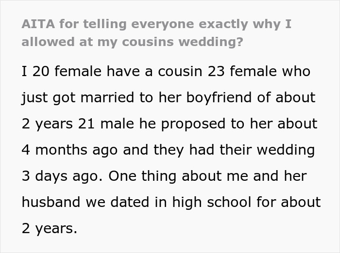 Woman Offended She Was Uninvited From Her Cousin’s Wedding With Her Ex, Tells Everyone About It Woman Offended She Was Uninvited From Her Cousin’s Wedding With Her Ex, Tells Everyone About It