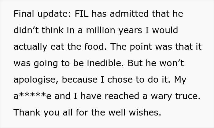 "AITA For Eating The Food My FIL Served Me And Ruining Mine And My Boyfriend's Holiday"
