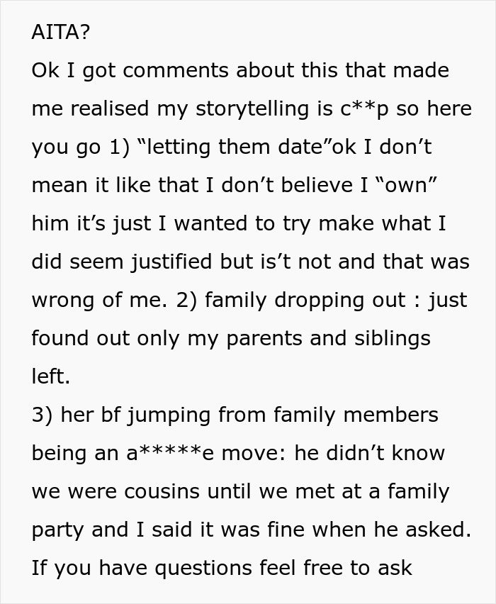 Woman Offended She Was Uninvited From Her Cousin’s Wedding With Her Ex, Tells Everyone About It Woman Offended She Was Uninvited From Her Cousin’s Wedding With Her Ex, Tells Everyone About It