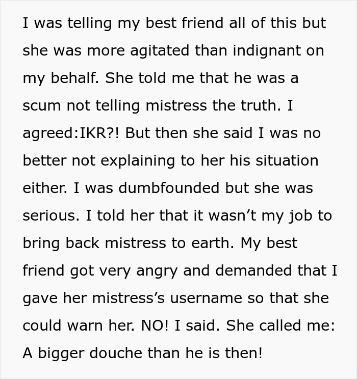  Woman Allows Husband’s Mistress To Think He Owns Her Assets, Gets Called A “Douche” By Friend