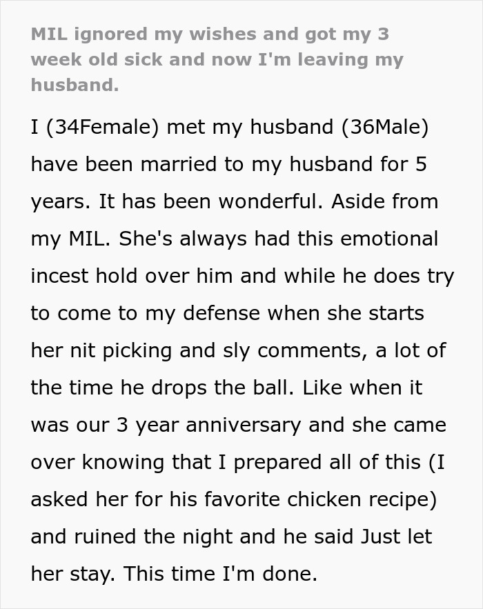 "MIL Ignored My Wishes And Got My 3-Week-Old Sick And Now I'm Leaving My Husband"