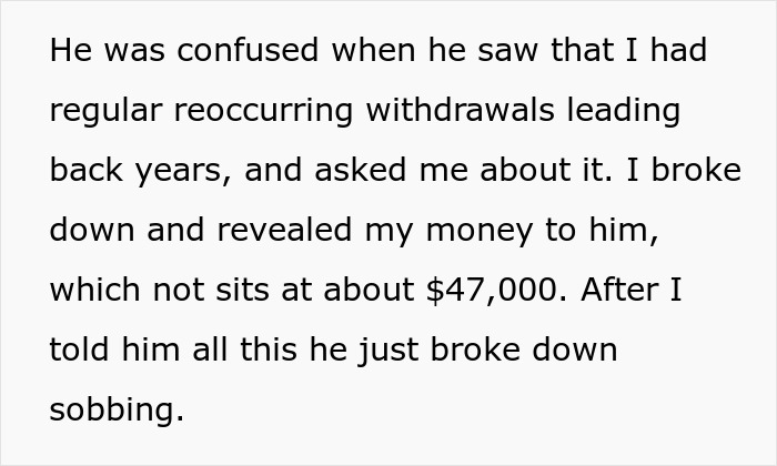 Man Breaks Down Crying After Learning His SAH Wife Has $47k Stashed Away While He's Struggling