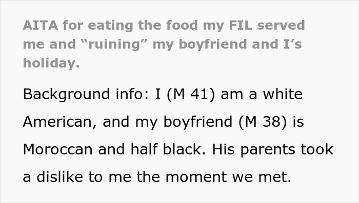 "AITA For Eating The Food My FIL Served Me And Ruining Mine And My Boyfriend's Holiday"