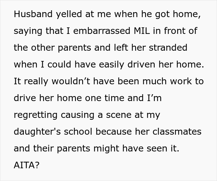 Woman Refuses To Downplay Her Boundary And Leaves MIL In A Parking Lot, Asks If She Was Wrong Woman Refuses To Downplay Her Boundary And Leaves MIL In A Parking Lot, Asks If She Was Wrong