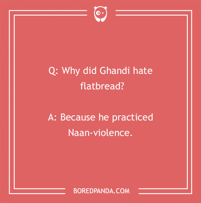 Bread pun on flatbread with a humorous twist about Naan-violence on a red background.