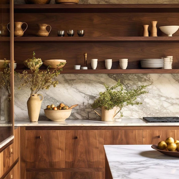 Light brown kitchen cabinet with marble countertop