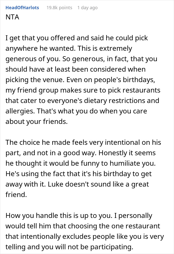 Friend Offers To Pay For Friend's B-Day Dinner, Refuses When They See Where He Chose