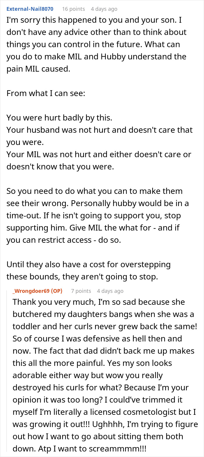 Woman Stops Talking To Her MIL After She Cuts All Of Her Son’s Hair Off Without Permission Woman Stops Talking To Her MIL After She Cuts All Of Her Son’s Hair Off Without Permission