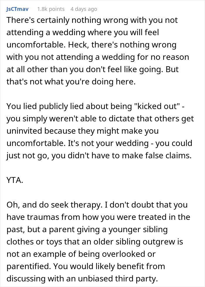 Woman Seeks Support After Being “Uninvited” From Sister’s Wedding, Gets Dragged Instead Woman Seeks Support After Being “Uninvited” From Sister’s Wedding, Gets Dragged Instead