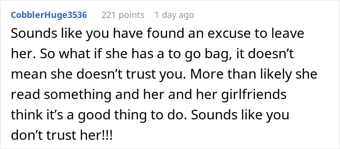 Husband Wants A Divorce After Finding Wife’s “Go Bag”, Gets A Reality Check Online