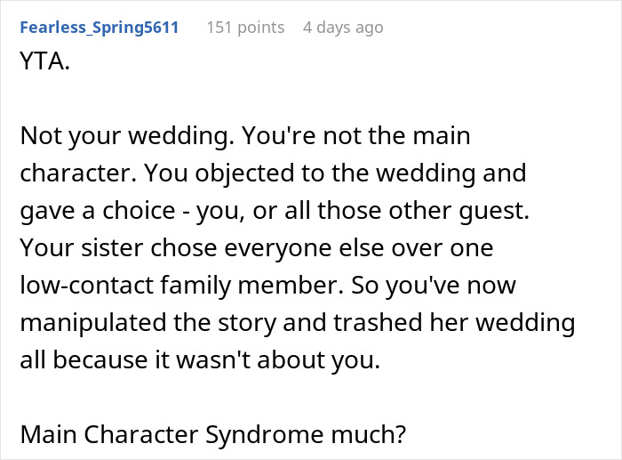 Woman Seeks Support After Being “Uninvited” From Sister’s Wedding, Gets Dragged Instead Woman Seeks Support After Being “Uninvited” From Sister’s Wedding, Gets Dragged Instead