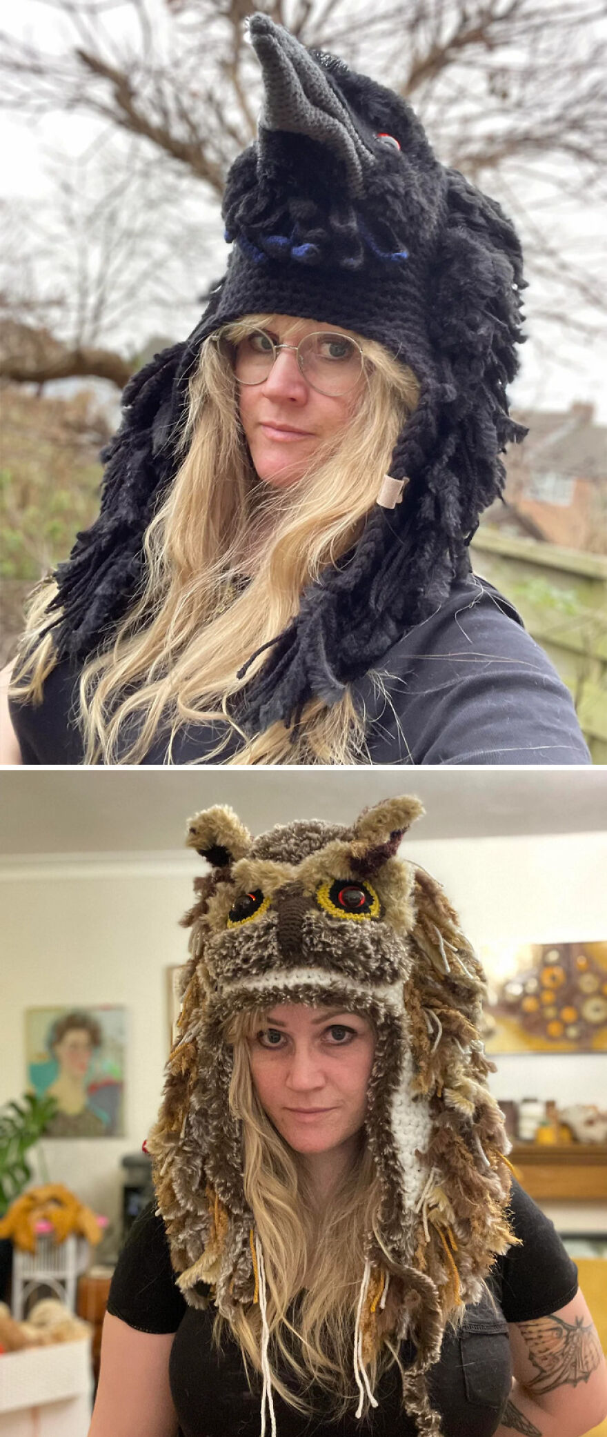 I’ve Been Crocheting Bird Hats. Here’s The First 2. A Raven And An Owl. I’m Really Tempted To Try A Cockatoo.🤣