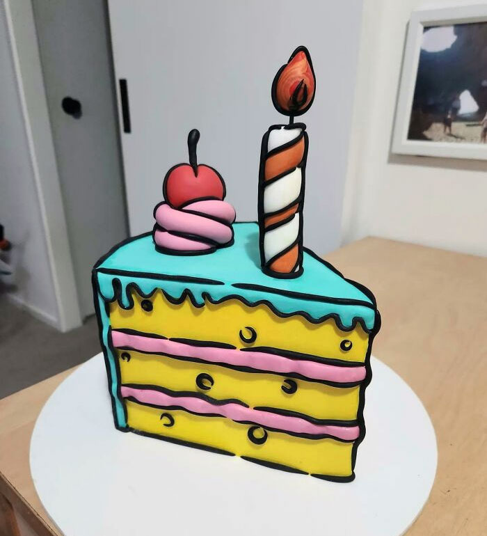 Cartoon Cake Slice. Inside Is A Banoffee Cake With Vanilla Swiss Meringue Buttercream And Filled With Dulce De Leche, Biscoff Spread, And Biscoff Biscuits For An Added Crunch To Each Bite