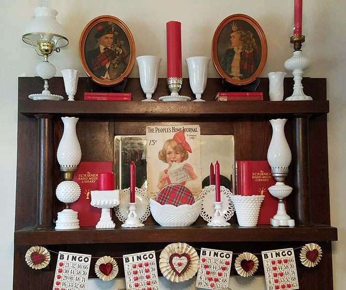 I'm Sharing My Valentine's Day Mantel With You All Tonight. Nothing Better Than Lots Of Milk Glasses With Some Plaids And Candles