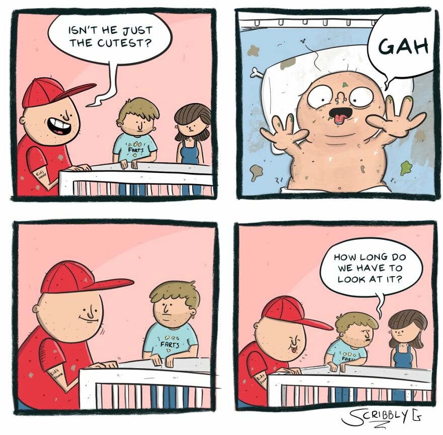 Comic by Scribbly G: a baby reacts humorously as adults comment, showcasing dark humor.