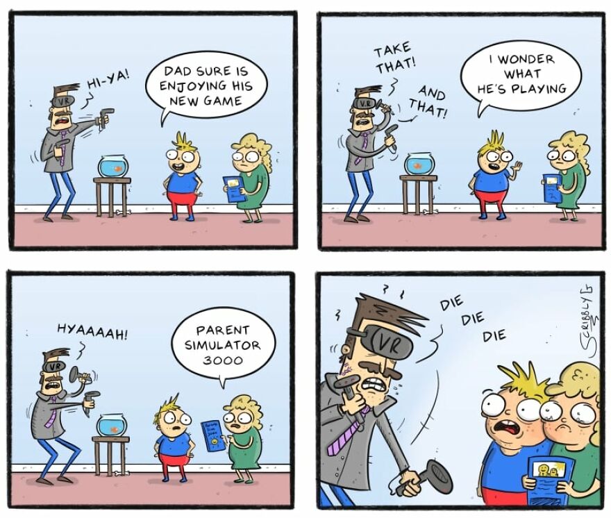 Comic illustrating dark humor with a dad immersed in a VR game titled "Parent Simulator 3000," watched by kids.